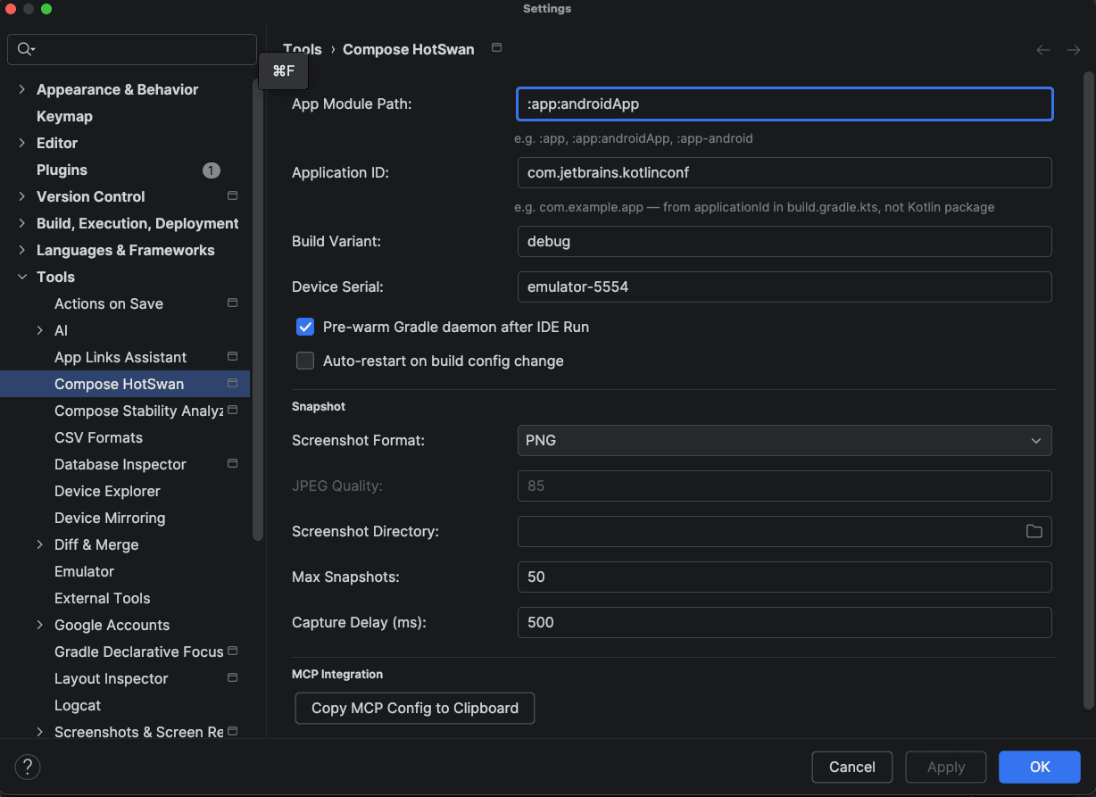Compose HotSwan settings showing App Module Path set to :app:androidApp for a KMP project