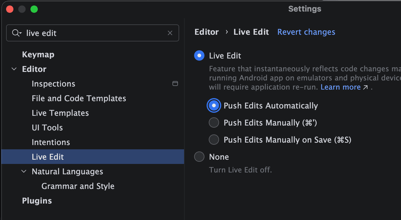 Live Edit settings in Android Studio